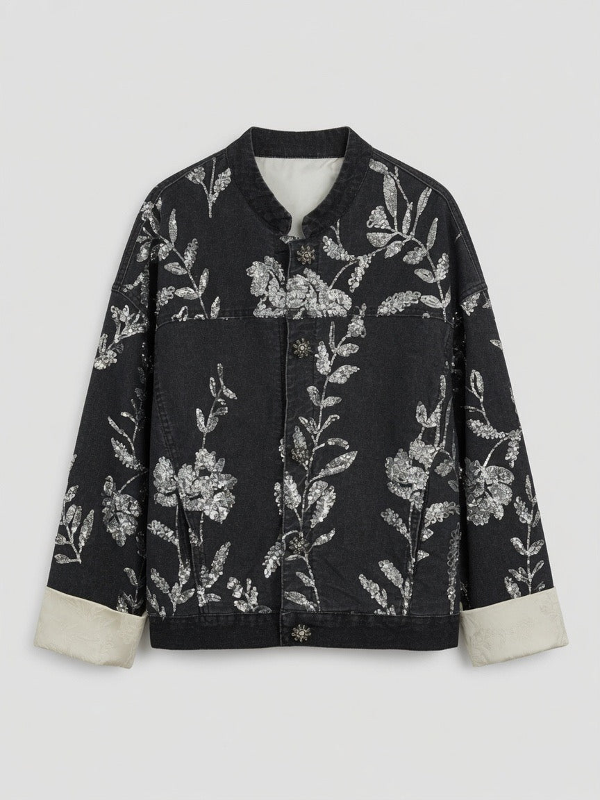 Black silver sequin embroidered denim jacket