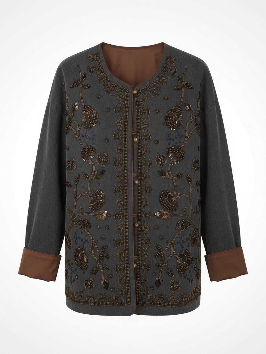 Dark grey embroidered denim jacket