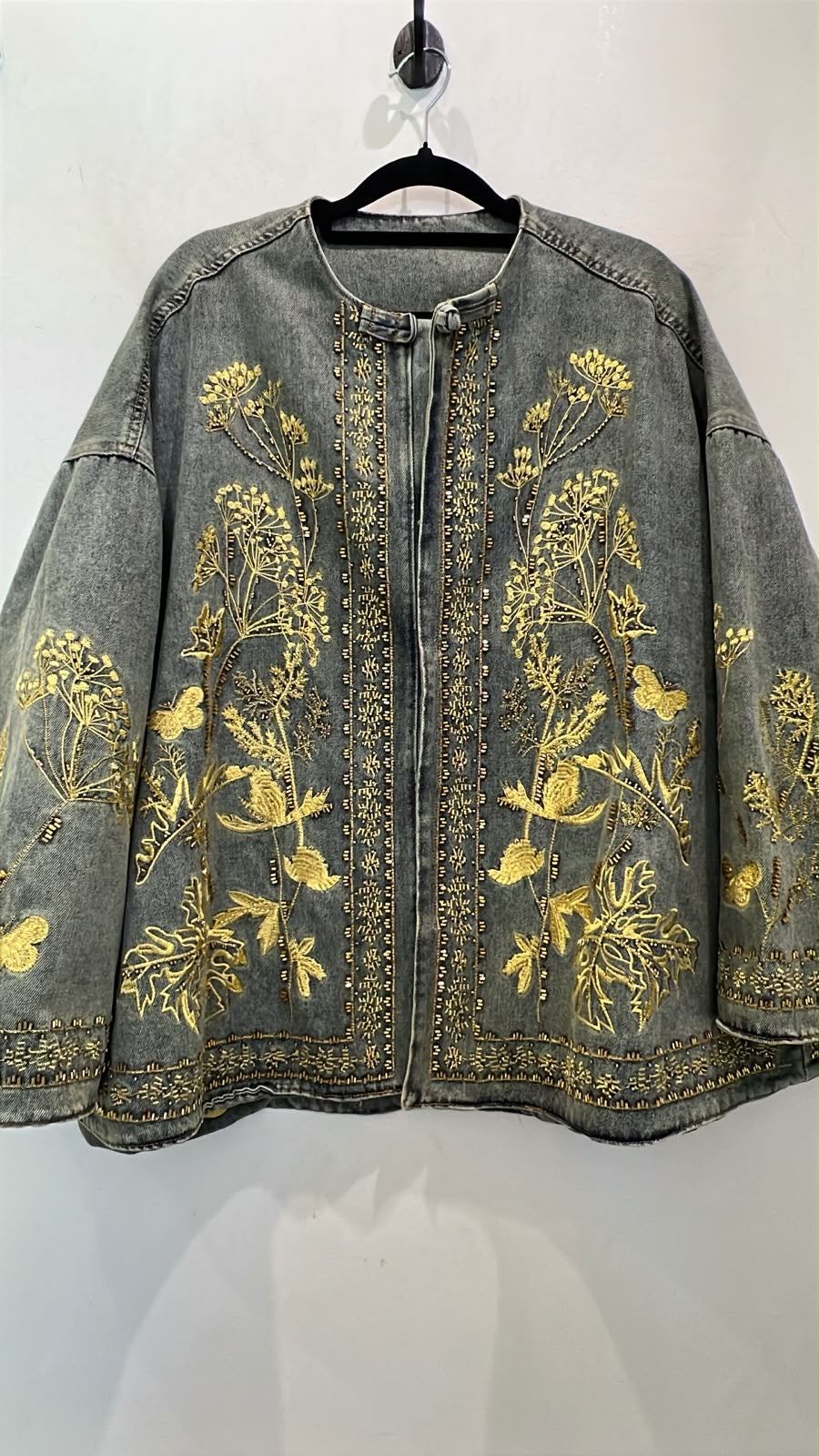 Light grey gold embroidered denim jacket