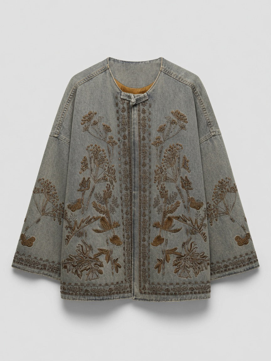 Light grey brown embroidered denim jacket