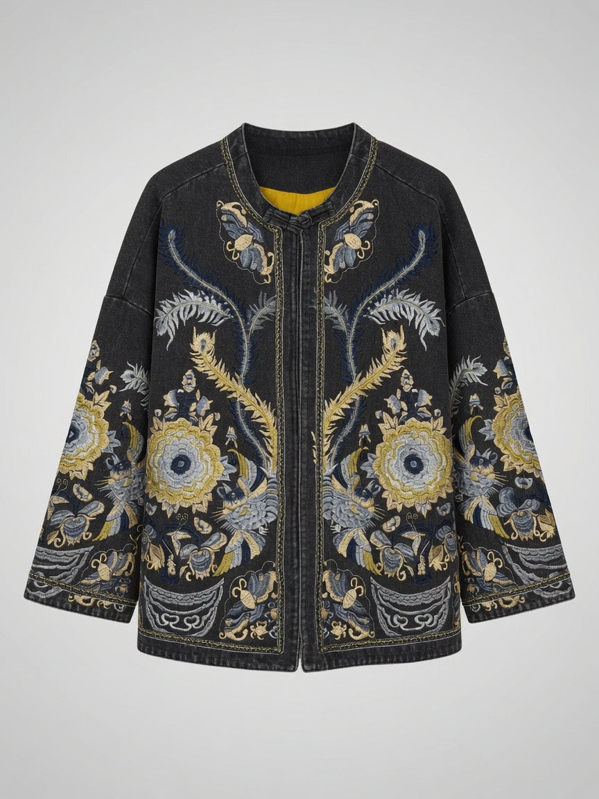 Black floral embroidered denim jacket