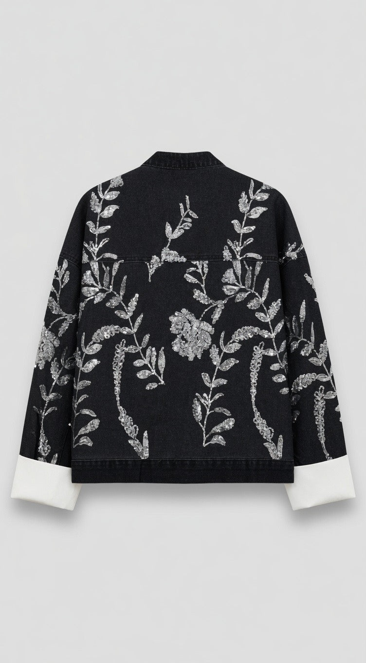 Black silver sequin embroidered denim jacket