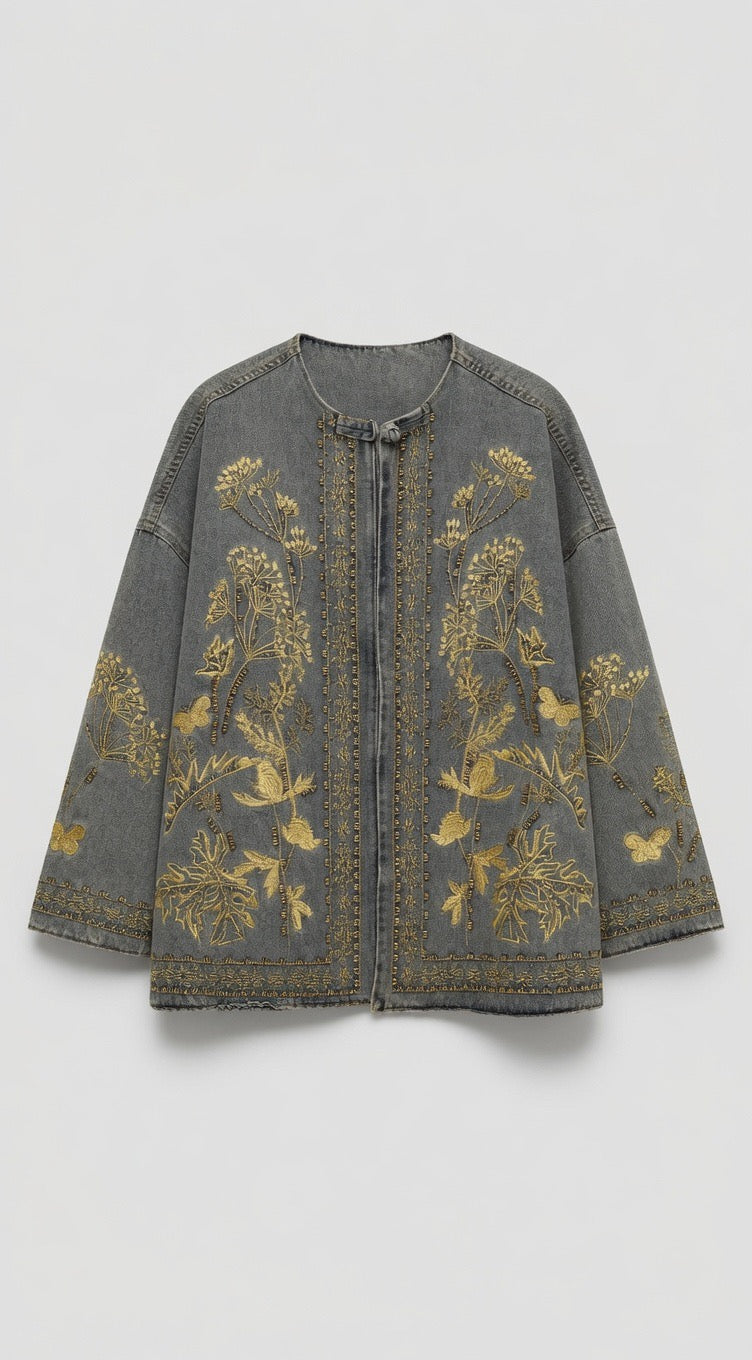 Light grey gold embroidered denim jacket