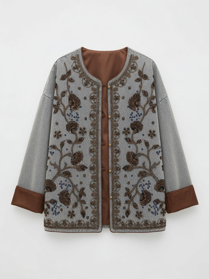 Light grey embroidered denim jacket