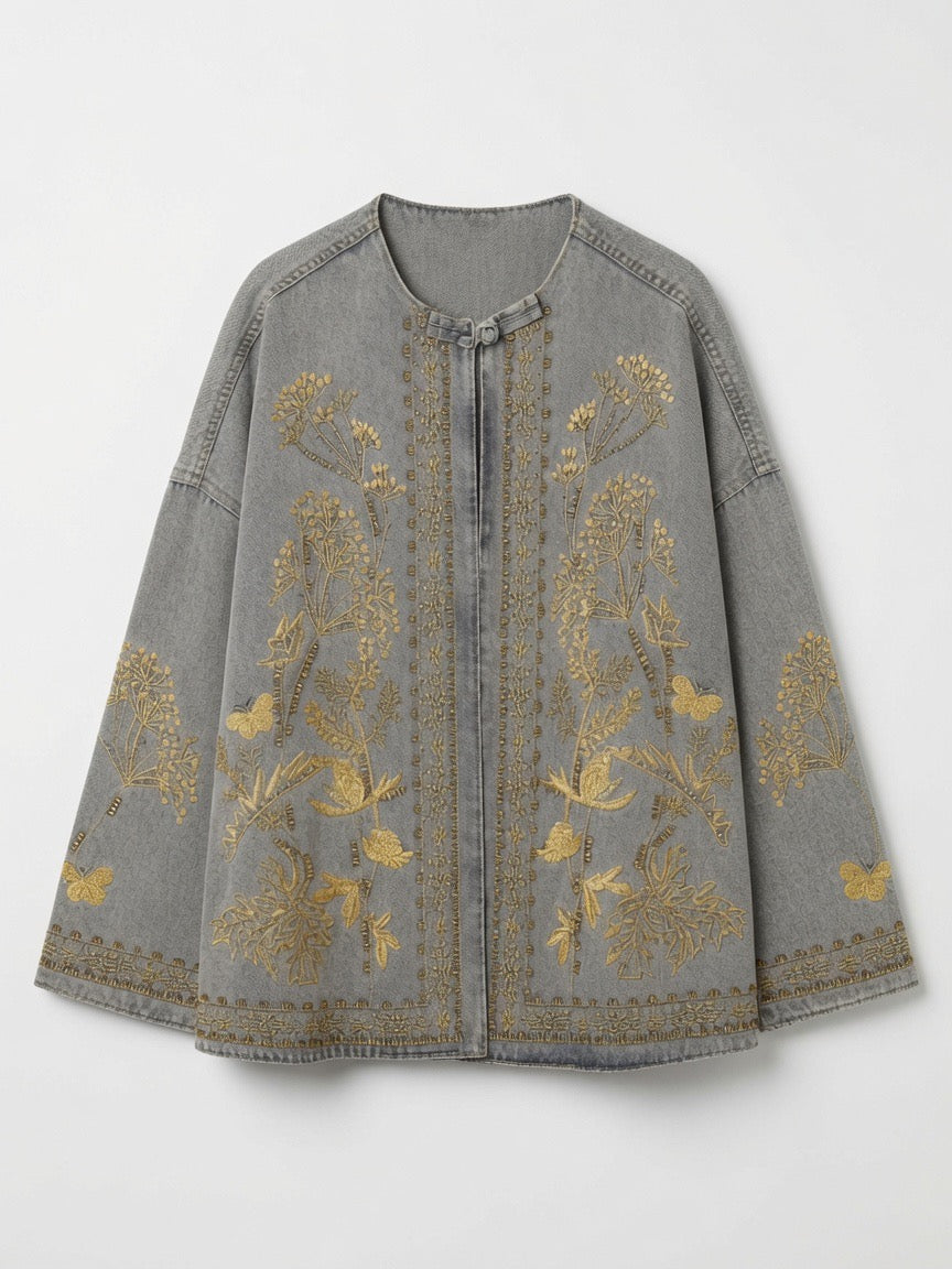 Light grey gold embroidered denim jacket
