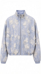 Sky Blue Floral Lace Bomber Jacket