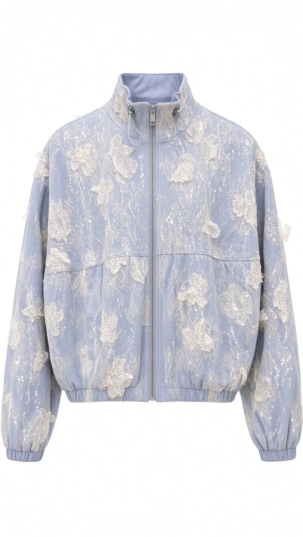 Sky Blue Floral Lace Bomber Jacket