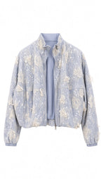 Sky Blue Floral Lace Bomber Jacket
