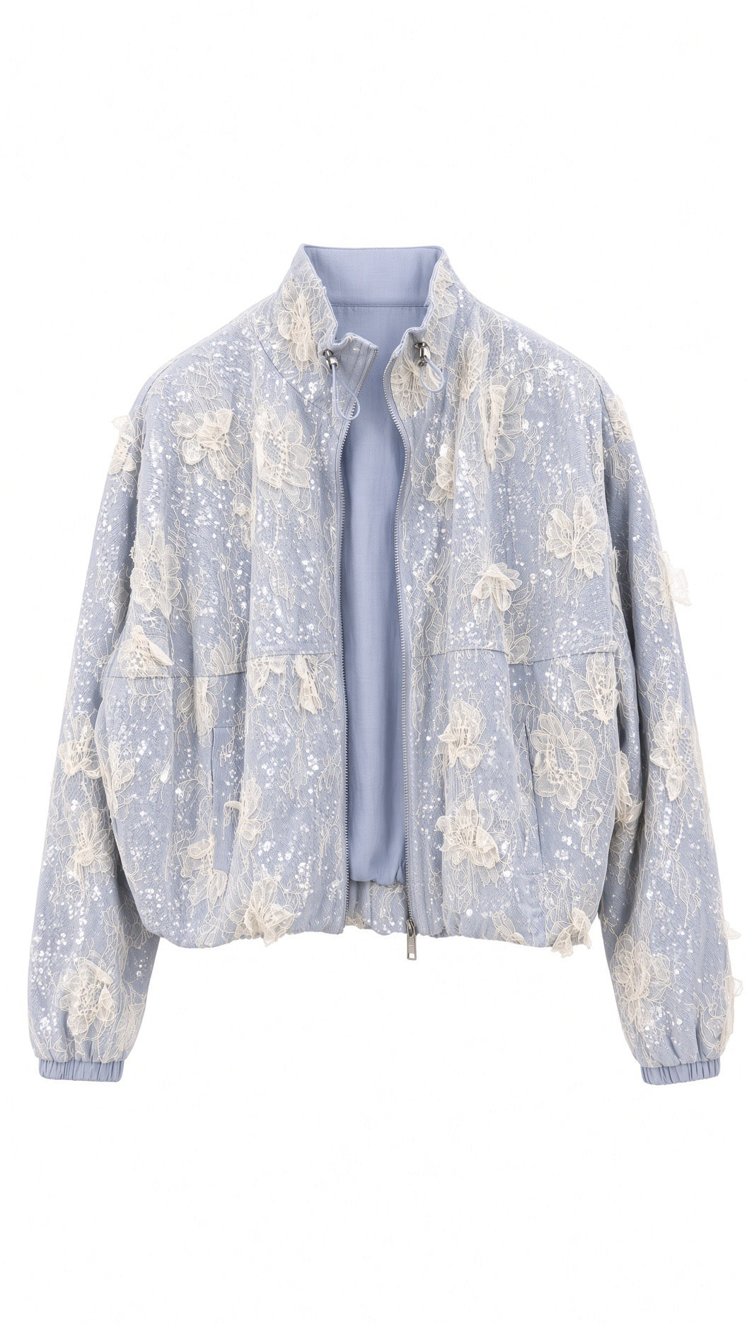 Sky Blue Floral Lace Bomber Jacket