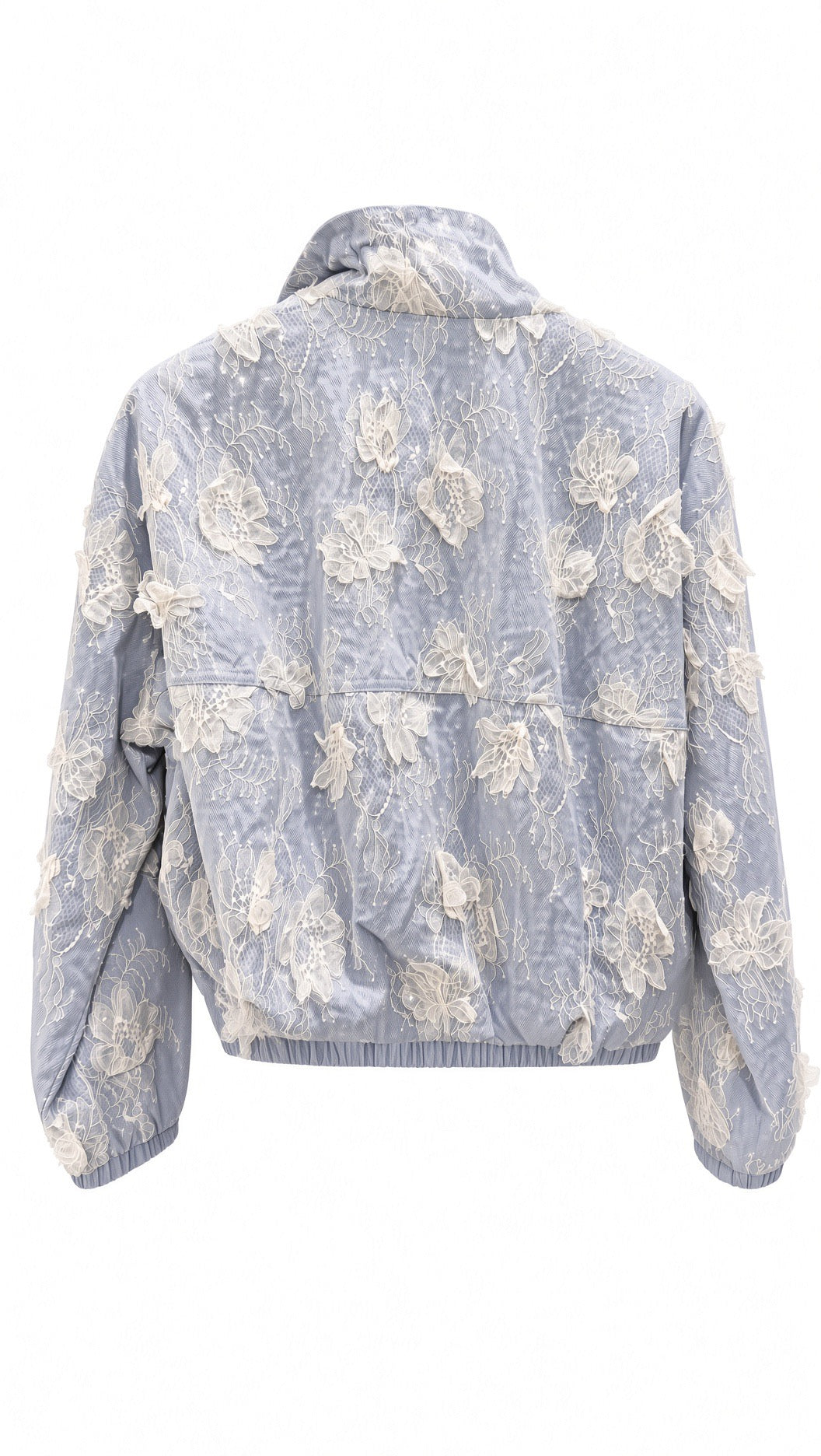 Sky Blue Floral Lace Bomber Jacket
